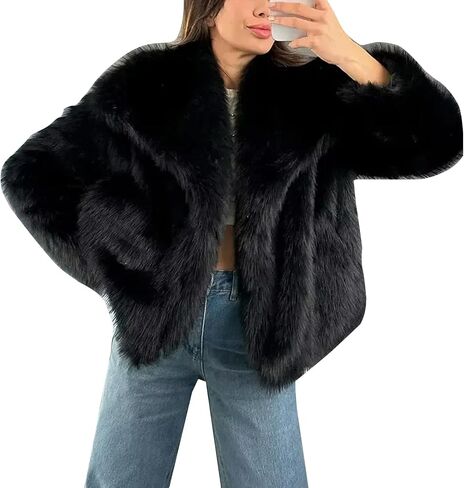 Flygo Womens Faux Fur Jacket Fluffy Shaggy Short Faux Fur Coat Long Sleeve Open Front Cardigan Outerwear in Kuwait