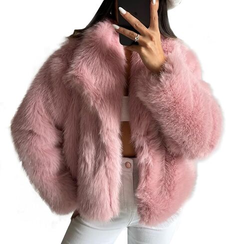 Flygo Womens Faux Fur Jacket Fluffy Shaggy Short Faux Fur Coat Long Sleeve Open Front Cardigan Outerwear in Kuwait
