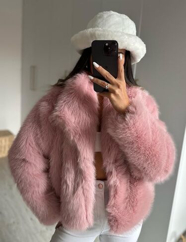 Flygo Womens Faux Fur Jacket Fluffy Shaggy Short Faux Fur Coat Long Sleeve Open Front Cardigan Outerwear in Kuwait