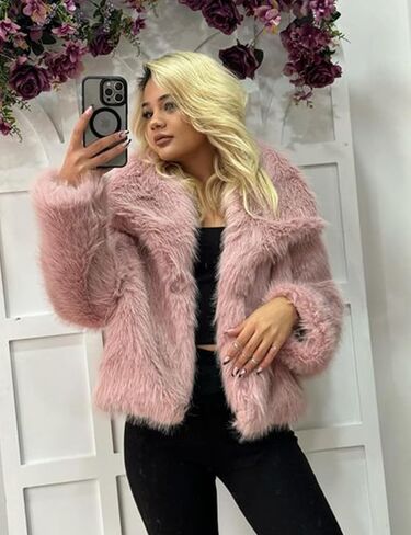 Flygo Womens Faux Fur Jacket Fluffy Shaggy Short Faux Fur Coat Long Sleeve Open Front Cardigan Outerwear in Kuwait