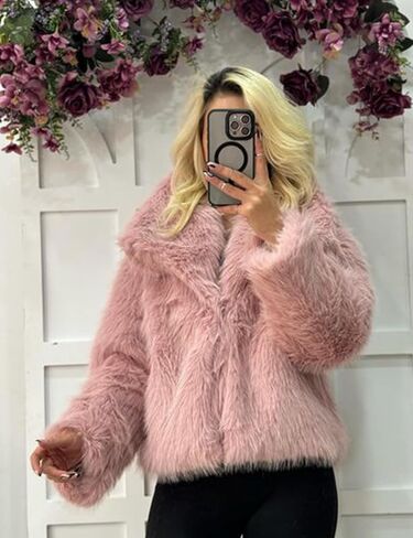 Flygo Womens Faux Fur Jacket Fluffy Shaggy Short Faux Fur Coat Long Sleeve Open Front Cardigan Outerwear in Kuwait