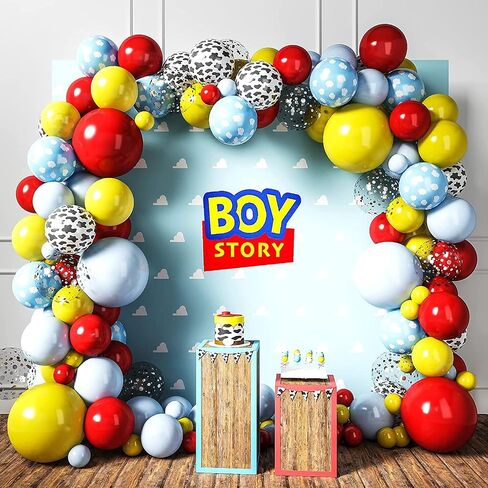 هاوس أوف بارتي بالونات البقرة - 110 قطعة | بالونات غربية مطبوعة باللون الأزرق والأحمر والأسمر مع بالون من رقائق البقرة للديكور | ديكور موضوع مزرعة كاوبوي بيبي in Kuwait