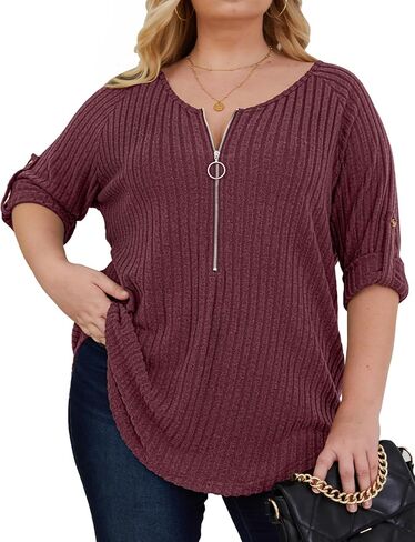 Zamowoty Plus Size Tops for Women 3/4 Roll Sleeve Shirts V Neck Zipper Solid Color Lightweight Blouses Tunic Top in Kuwait