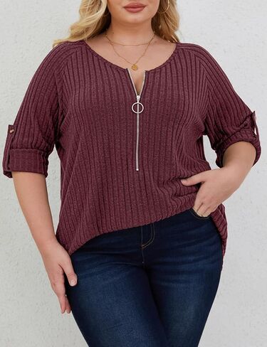 Zamowoty Plus Size Tops for Women 3/4 Roll Sleeve Shirts V Neck Zipper Solid Color Lightweight Blouses Tunic Top in Kuwait