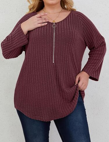 Zamowoty Plus Size Tops for Women 3/4 Roll Sleeve Shirts V Neck Zipper Solid Color Lightweight Blouses Tunic Top in Kuwait