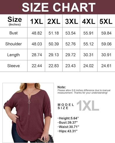 Zamowoty Plus Size Tops for Women 3/4 Roll Sleeve Shirts V Neck Zipper Solid Color Lightweight Blouses Tunic Top in Kuwait