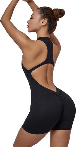 Womens Sleeveless Backless Front Zip One Piece Yoga Jumpsuit Gym Bodysuit Workout Scrunch Butt Rompers in Saudi Arabia