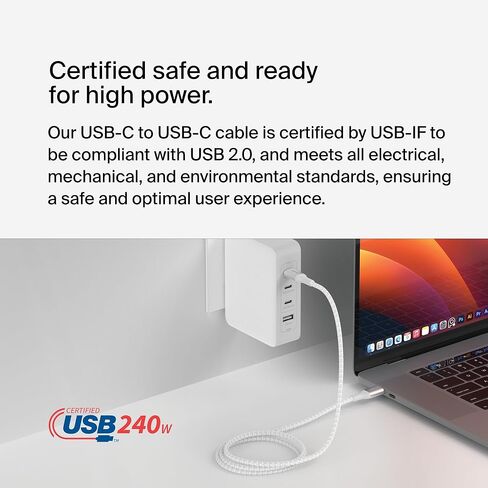 كابل طاقة Belkin BoostCharge USB-C إلى USB-C (2 متر، 6.6 قدم)، كابل شحن سريع مع توصيل طاقة 240 واط، معتمد USB-IF، متوافق مع MacBook Pro وChromebook وSamsung Galaxy وiPad والمزيد - أسود in Kuwait