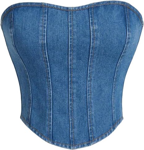 Milumia Women's Hanky Hem Denim Tube Top Zipper Back Strapless Corset Crop Tops in Saudi Arabia