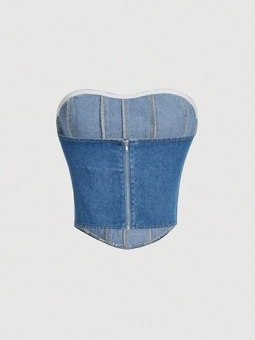 Milumia Women's Hanky Hem Denim Tube Top Zipper Back Strapless Corset Crop Tops in Saudi Arabia