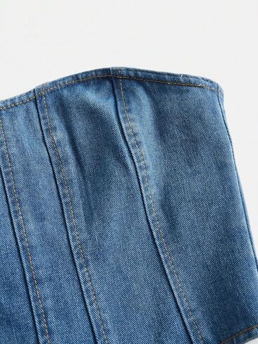 Milumia Women's Hanky Hem Denim Tube Top Zipper Back Strapless Corset Crop Tops in Saudi Arabia