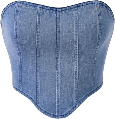 Milumia Women's Hanky Hem Denim Tube Top Zipper Back Strapless Corset Crop Tops in Saudi Arabia