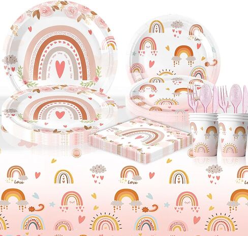 81 Pcs Pink Bohemian Rainbow Birthday Plates and Napkins Party Tableware Set with Happy Birthday Party Decorations Tablecloth，Paper Plates,Napkins and Plastic Forks Knives Spoons Serve for 10 Guests in Saudi Arabia