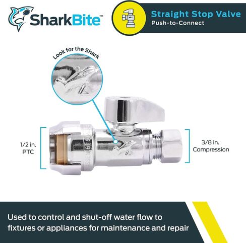 SharkBite 1/2 x 3/8 Inch Compression Straight Stop Valve, Quarter Turn, Push to Connect Brass Plumbing Fitting, PEX Pipe, Copper, CPVC, PE-RT, HDPE, 23037-0000LF in Saudi Arabia