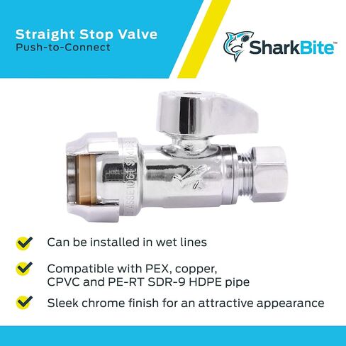 SharkBite 1/2 x 3/8 Inch Compression Straight Stop Valve, Quarter Turn, Push to Connect Brass Plumbing Fitting, PEX Pipe, Copper, CPVC, PE-RT, HDPE, 23037-0000LF in Saudi Arabia