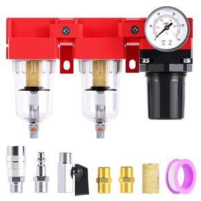 TAILONZ PNEUMATIC 3/8 Inch NPT 150PSI 3 in 1 Air Filter Pressure Regulator Combo Piggyback, Air Tool Compressor Filter, 5 Micron Filter Element(Manual Drainage)
