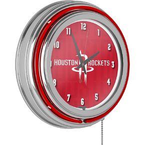 Trademark Global Neon Clock - Retro Houston Rockets City Analog Wall Clock with Pull Chain - for Kitchen, Garage, Game Room, or Home Bar
