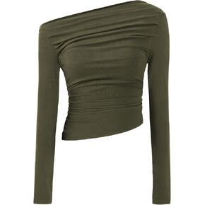 TARSE Women's Long Sleeve Off Shoulder Tops Sexy Going Out Slim Fit Knit Asymmetrical Ruched Shirts Y2K Blouses Trendy Outfit