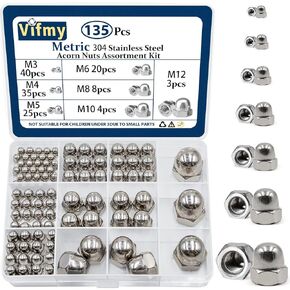 304 Stainless Steel Acorn Nuts Assortment Kit(100PCS), 6#32 8#32 10#24 10#32 1/4"-20 5/16"-18 3/8"-16 SAE Hex Acorn Cap Nuts Sets, Cap Nut for Bolt, Dome Head Hex Nuts for Indoor Outdoor
