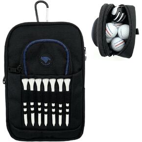 Golf Ball Bag Pouch with Front Tee Holder with Detachable Clip | Store 12-15 Balls | Zipper Pockets for Valuables and Accessories | Velcro Sleeve and 7 Front Tees Slots |Includes Bamboo Tees 3 1/4 in