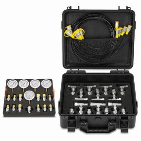 Hydraulic Pressure Test Kit, 5 Gauges (10/25/40/60/60MPa) Max 8700psi, 13 Test Couplings 14 Tee Connectors 5 Test Hoses w/Sturdy Portable Carrying Case for Excavator Construction Machinery Ships Mine