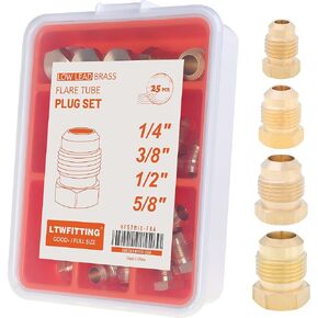 LTWFITTING Assortment Kit Tube OD 1/4-Inch 3/8-Inch 1/2-Inch 5/8-Inch Brass Flare Plug Set(Pack of 25)