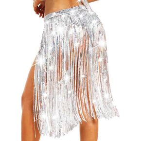 COSYDAYS Sparkly Sequin Belly Dance Skirt Silver Tassel Fringe Hip Scarf Midi Skirt for Women