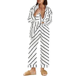 Tankaneo Womens Striped 2 Piece Outfits Casual Button Down Shirts Drawstring Pants Loungewear Pajamas Sets