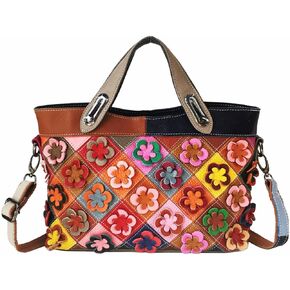 Women Flower Multicolor Handbag Genuine Leather Shoulder Purse Colorful Patchwork Work Shopper Satchel