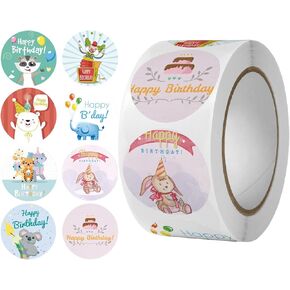 Happy Birthday Stickers Seals 1" 500Pcs in 1Roll for Birthday Décor Party Supplies School Cards Sealing, 8 Designs Envelope Sealing Gift Wrap (1inch, D)