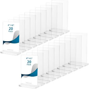 20 قطعة من حاملات لافتات الأكريليك، حامل لافتات طاولة مقاس 4 × 6 بوصات، حامل عرض سطح المكتب على شكل حرف T مزدوج الجوانب، حامل ورق شفاف على سطح الطاولة مع طبقة واقية للمطاعم والمكاتب والاجتماعات