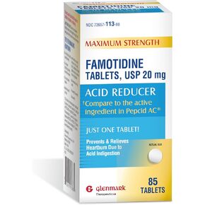 Glenmark Maximum Strength Famotidine Tablets 20 mg, Acid Reducer for Heartburn Relief, 85 Count