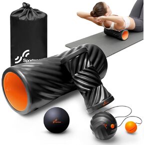 Sportneer 4 in 1 Foam Roller Set: Dual Textures Foam Roller, Foot Roller, Lacrosse Ball, Traction Massage Ball with String, Deep Massage Roller for Whole Body Release, Physical Therapy (Black)