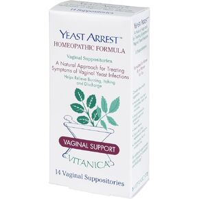 Vitanica Yeast Arrest, Homeopathic Vaginal Suppositories, for Yeast Infection Symptoms, Relieves Burning, Itching & Discharge, with Boric Acid, Tea Tree Oil & Probiotics, Vegan (Pro Logo, 14ct)