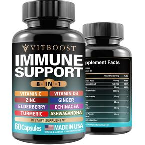 Ultimate Immune Support Supplement 8-in-1 Formula with Echinacea, Vitamin C & Zinc, Vitamin D 5000 IU, Turmeric, Ginger, Ashwagandha, Elderberry – 60 Capsules
