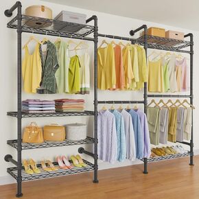 Timate F3 Garment Rack Heavy Duty Clothes Rack for Hanging Clothes, Expandable Industrial Pipe Wall Mounted Clothing Rack, Adjustable Storage Closet Wardrobe Closet Kit Walk in Closet Systems, Black
