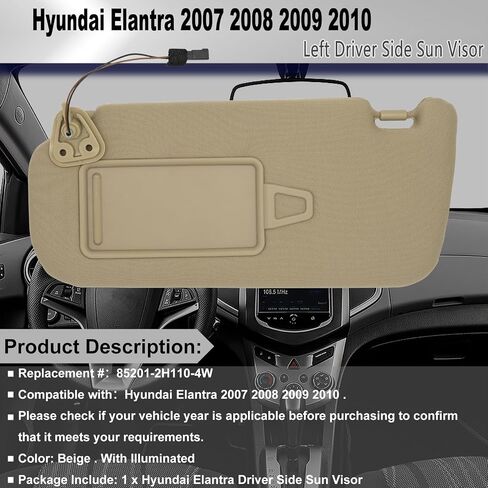 Passenger Right Side Sun Visor Compatible with Hyundai Elantra 2007 2008 2009 2010 Sun Shade with Light Replacement # 85202-2H110-4W Beige in Saudi Arabia
