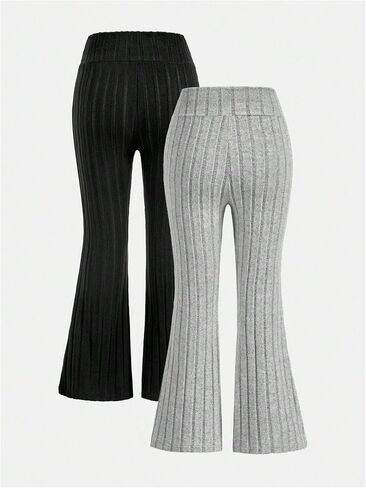 Girl's 2 Pack Ribbed Knit Flare Leg Pants Crossover V Cut Elastic Waist Bell Bottoms Trousers in Saudi Arabia