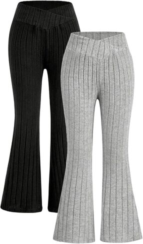 Girl's 2 Pack Ribbed Knit Flare Leg Pants Crossover V Cut Elastic Waist Bell Bottoms Trousers in Saudi Arabia