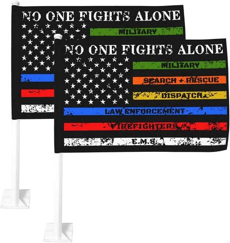 2 Pack No One Fights Alone Multi Thin Line Car Flag 12 X 18 inch Double Side First Responder Sign Car Window Flags in Kuwait