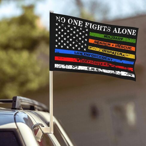 2 Pack No One Fights Alone Multi Thin Line Car Flag 12 X 18 inch Double Side First Responder Sign Car Window Flags in Kuwait