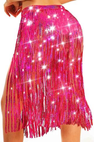 COSYDAYS Sparkly Sequin Belly Dance Skirt Silver Tassel Fringe Hip Scarf Midi Skirt for Women in Saudi Arabia