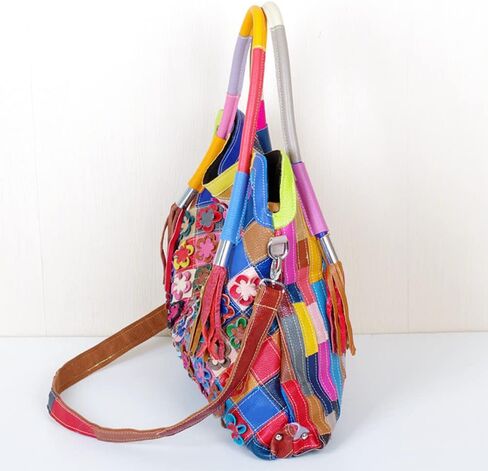 Women Flower Multicolor Handbag Genuine Leather Shoulder Purse Colorful Patchwork Work Shopper Satchel in Saudi Arabia
