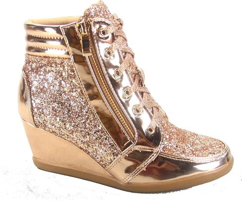 Forever Link Women's Fashion Glitter High Top Lace Up Wedge Sneaker Shoes in Saudi Arabia