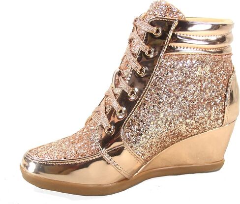 Forever Link Women's Fashion Glitter High Top Lace Up Wedge Sneaker Shoes in Saudi Arabia