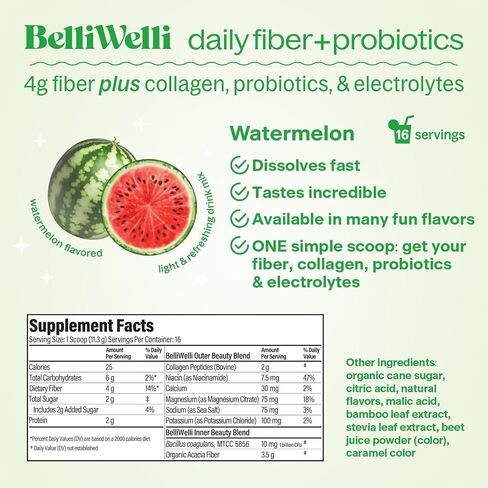 Daily Fiber Supplement Powder with Collagen, Probiotics & Electrolytes | Supports Digestive Health, Gut Balance & Debloating | Watermelon | 16 Servings in Kuwait