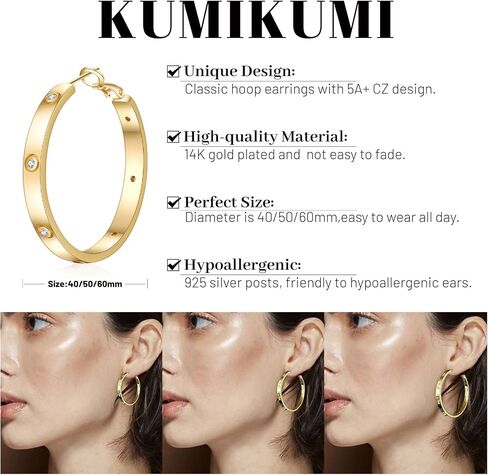 Sterling Silver Hoop Earrings,Hypoallergenic Silver Hoop Earrings for Women Lightweight Silver Hoops Earrings for Women(40/50/60mm) in Saudi Arabia