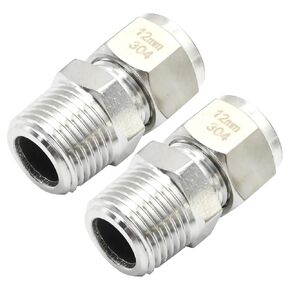 2PCS 304 Stainless Steel Double Ferrules Compression Fittings, 1/2 inch Tube OD x 1/2 inch NPT Male Coupler Straight Adapter, Compression Tube Fitting for Water Oil Air Fluids