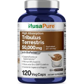 NusaPure Tribulus Terrestris 50000mg | 120 Veggie Caps | 95% Steroidal Saponins | Non-GMO, Bioperine