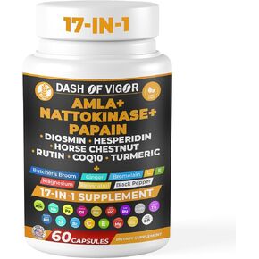 Dash of Vigor 17-in-1 Amla Extract, Papain Supplement, Nattokinase Supplement Diosmin Hesperidin Supplement, CoQ10 with Turmeric Extract, Horse Chestnut Extract, Vitamin C and Rutin, USA, 60 Capsules